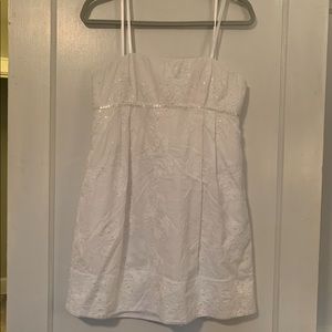 Strapless white embroidered BCBG dress